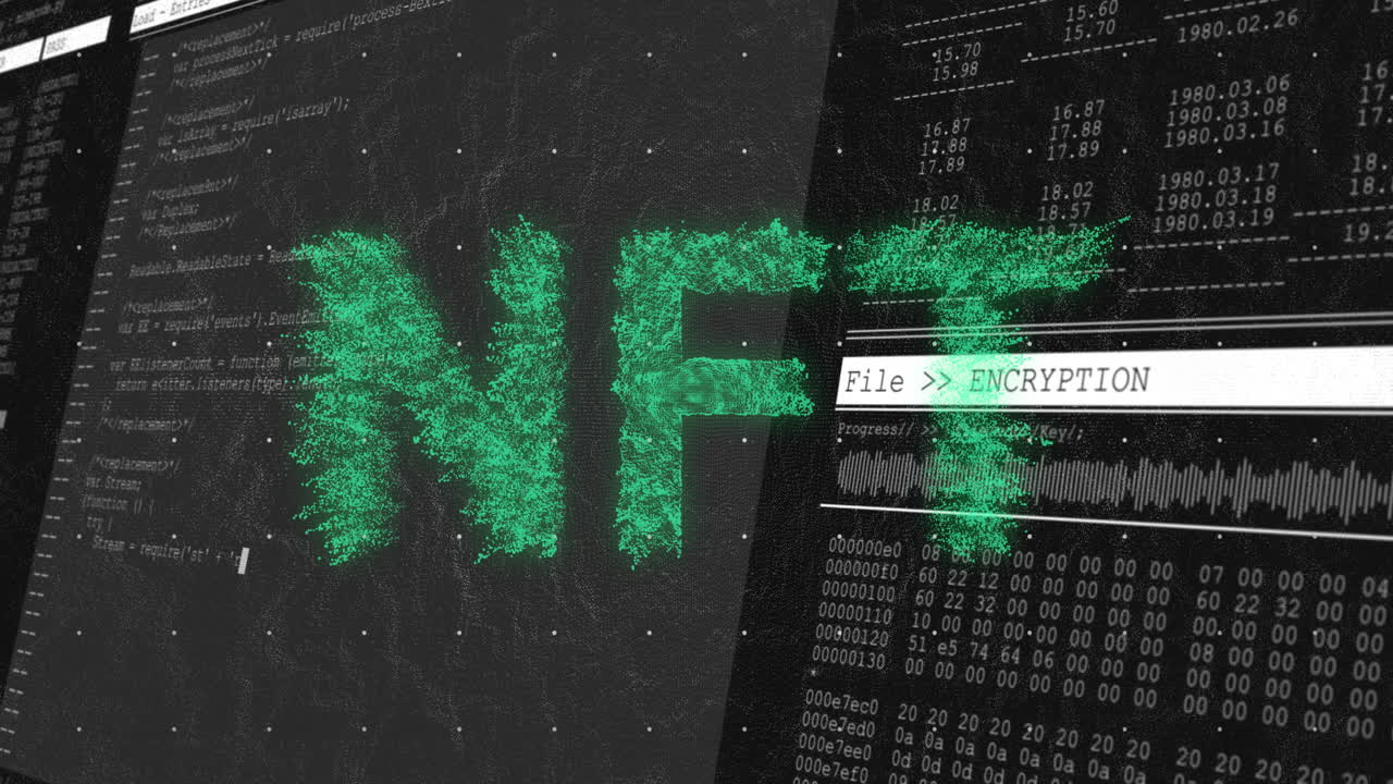 On digital screen, animation of NFT text with encryption code processing data