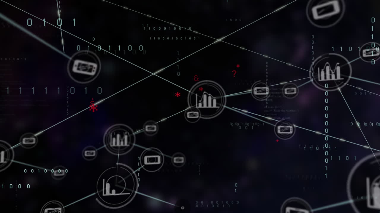 Animation of network of connections with icons over data processing