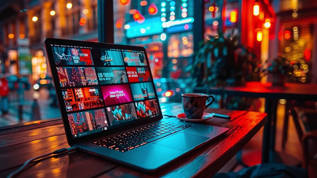 Laptop Streaming Videos in a Vibrant Night City Cafe