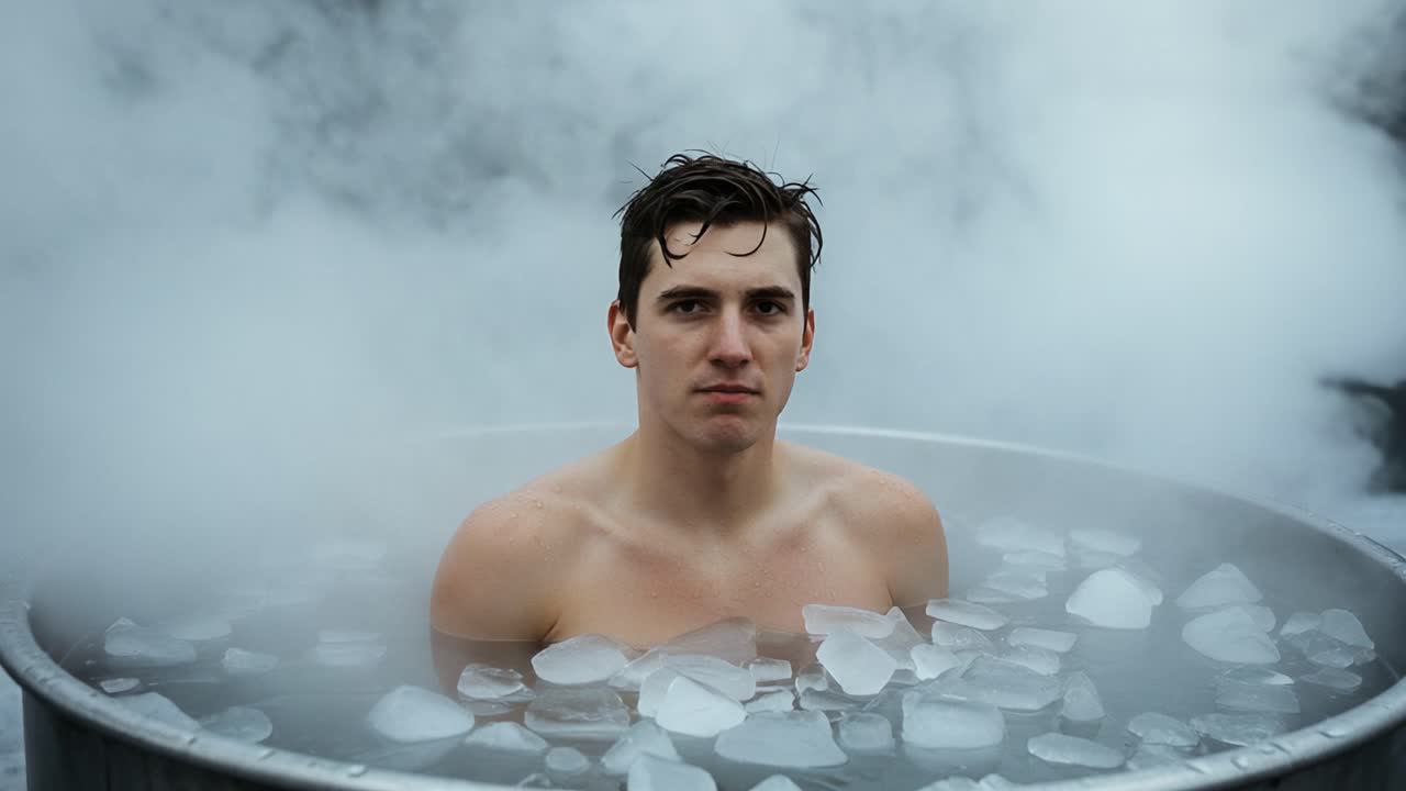 A Young Man Embraces the Cold in an Icy Bath Surrounded by Steam, Demonstrating Strength and Resilience in Extreme Conditions