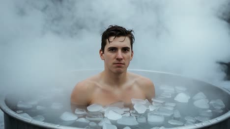 a young man embraces the cold in an icy bath surrounded by steam, demonstrating strength and resilience in extreme conditions