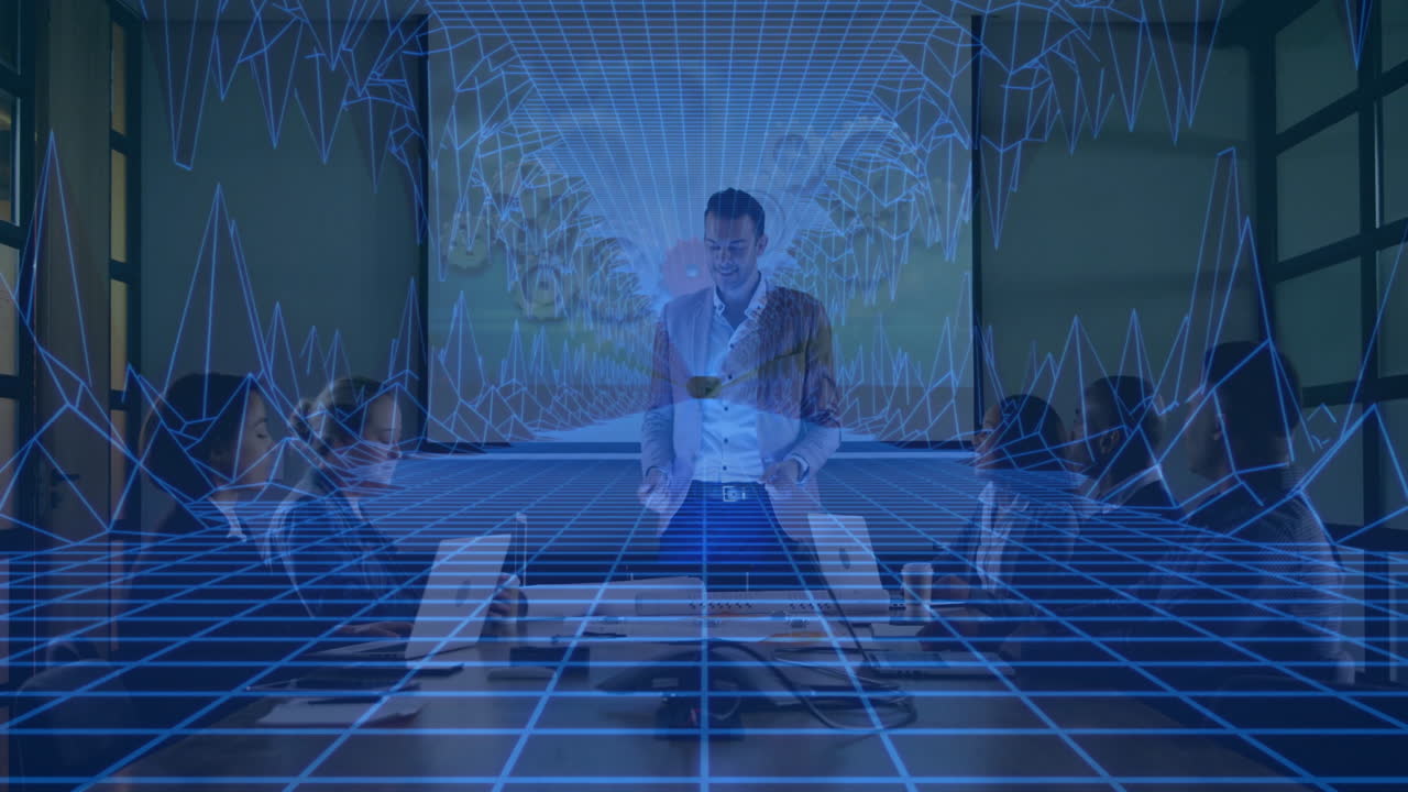 In school, animation overlaying participants in business meeting with digital grid