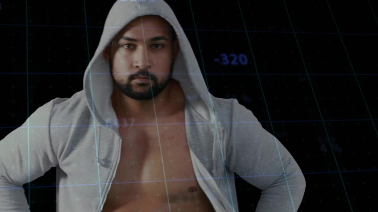 Male boxer starting guard, punching, slowing to pose, unzipping hoodie with tracking grid for sport