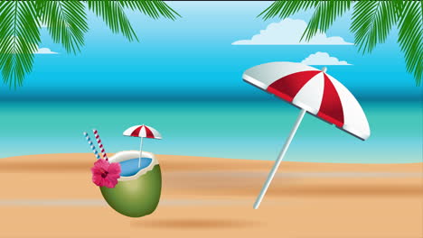 poster de vacaciones de verano con cóctel de coco y paraguas