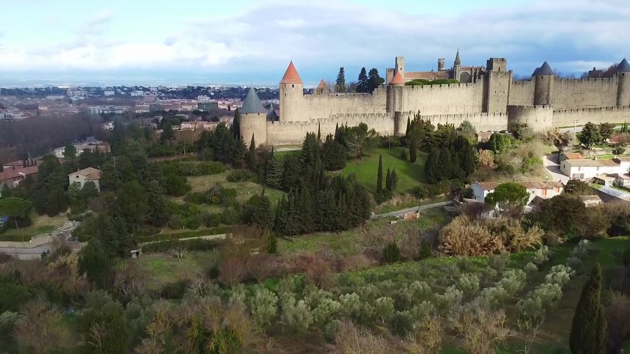 Befestigte Stadt Carcassonne. Luftaufnahme einer befestigten Zitadelle mit doppelten Mauern, runden Türmen und konischen Dächern. Département Aude, Frankreich.
