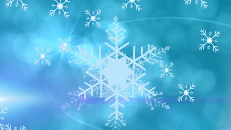 animation of star over large snowflake, lens flare and bokeh effect with moving snowflakes