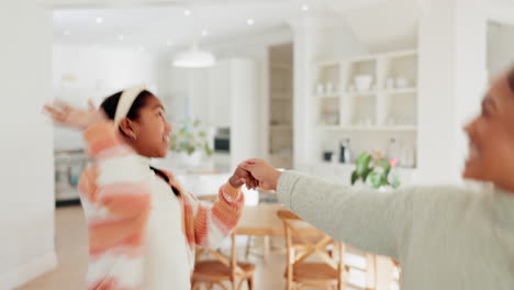 mom, girl kid and dancing in home with energy