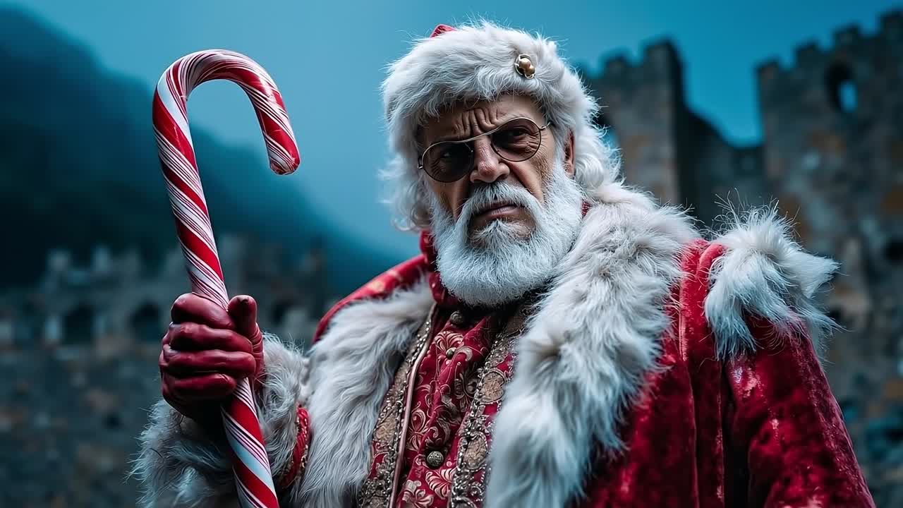 A man dressed as Santa Claus holding a candy cane