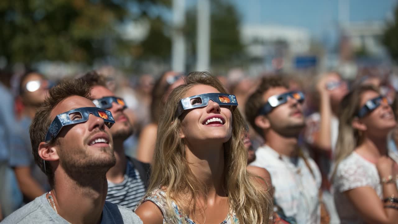 A Crowd of Enthusiastic Viewers Gaze Upwards with Special Eclipse Glasses, Celebrating a Celestial Event with Joyful Expressions and Captivated Eyes