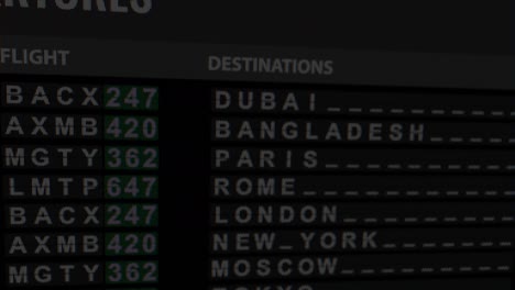 flight information panel background. "flip-style" board of the international airport departure with indication of terminal and flight number. side and front view focusing on the 7 destination cities.