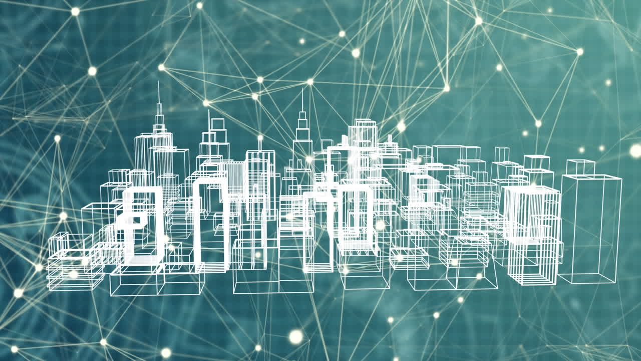 animación de la red de conexiones sobre el dibujo del paisaje urbano en 3d