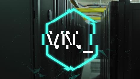 animation of nft text in illuminated hexagon against server room in background