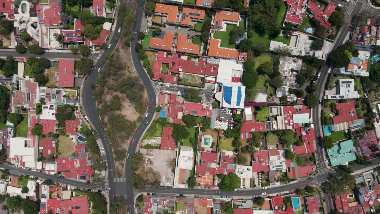 Aerial drone view of Pedregal zone in Mexico City, showing the rooftops