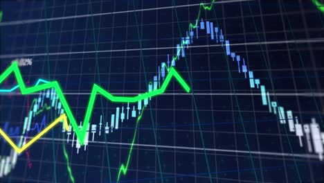 animación del procesamiento de datos estadísticos y financieros a través de la red de red contra un fondo azul.