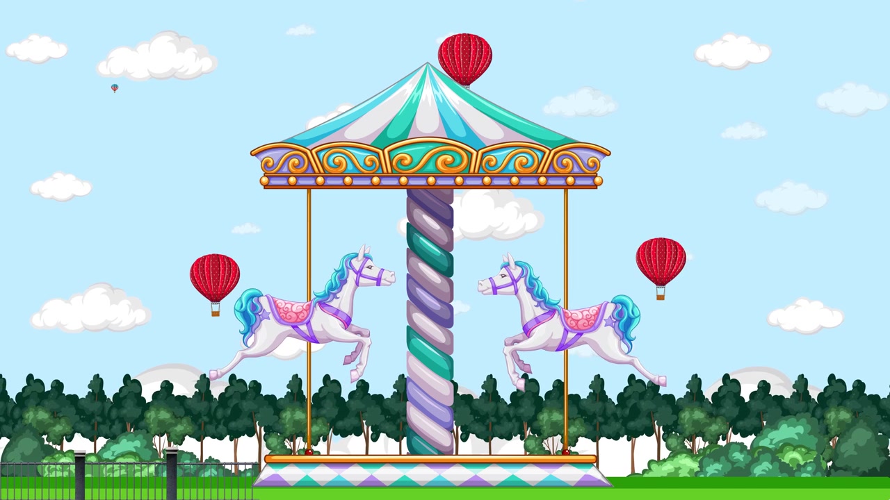 Cartoon carousel horses spin in a park under a blue sky with hot air balloons