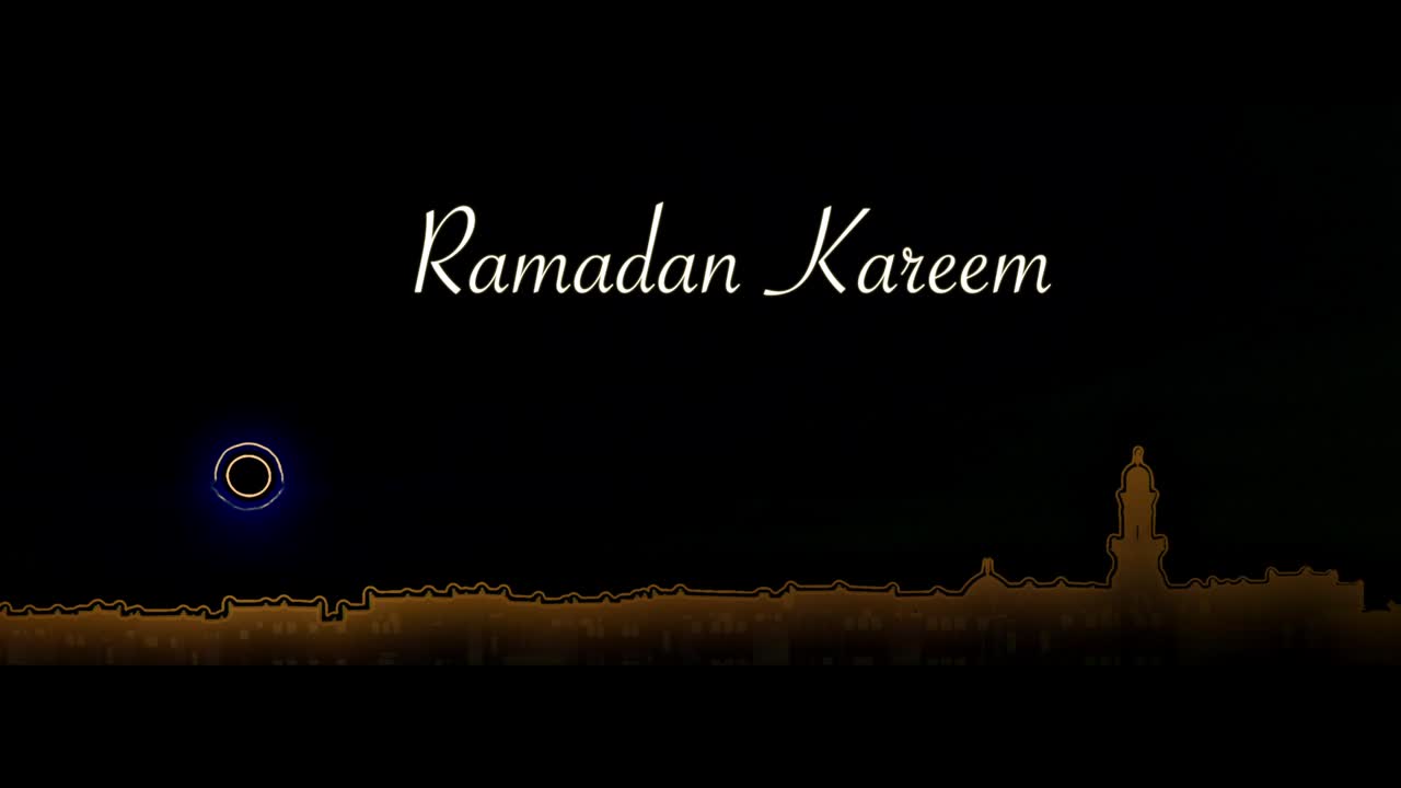 ramadan kareem. silhouette della moschea con il tramonto in arancione su sfondo nero