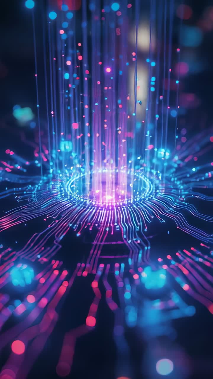 Vertical video: Surge driving central hub emitting light column on circuit traces, nodes blinking
