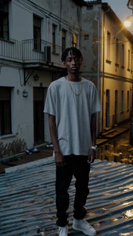 stylish young man stands on a wet metallic rooftop at dusk, showcasing urban fashion against a backdrop of old buildings and narrow streets