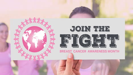 animation of pink globe logo with breast cancer text over diverse group of smiling women