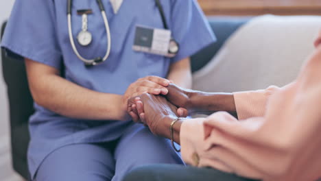 happy woman, doctor and holding hands in elderly