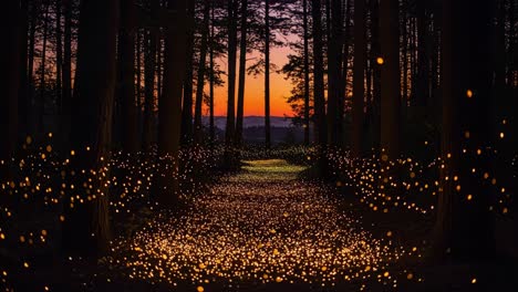 enchanting glow of fireflies illuminating a forest path at dusk: a magical scene of nature's nighttime beauty and ethereal light against a majestic sunset