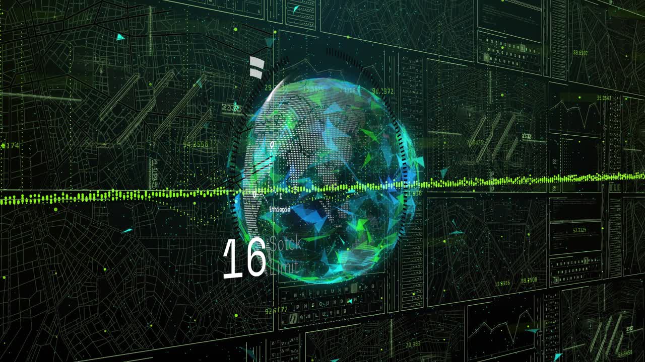 Readout climbing, globe rotating and brightening while HUD ring expanding, visualizing metric surge