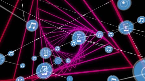 Netzwerk-Digitaler-Symbole-Vor-Neonrosa-Leuchtendem-Sechseckigem-Tunnel-Auf-Schwarzem-Hintergrund