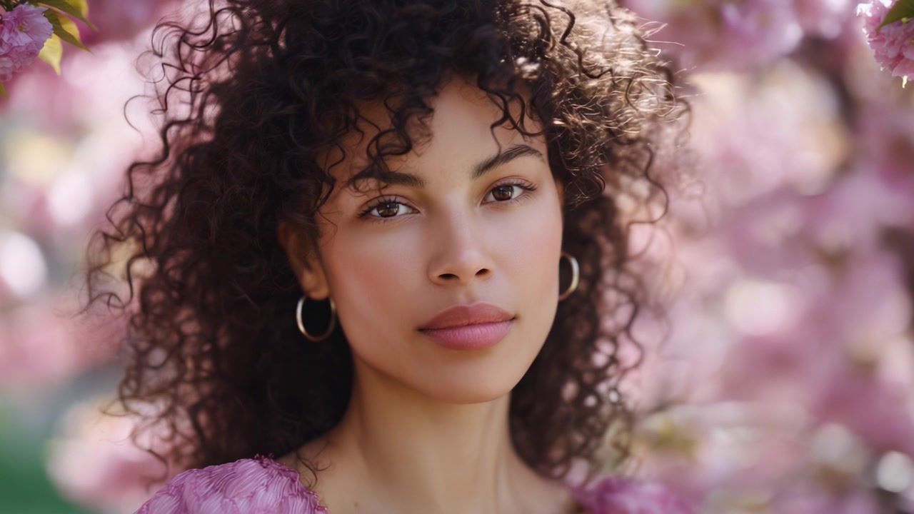 Retrato Cativante de uma Jovem Rodeada por Flores de Cerejeira Rosas, Exibindo Beleza Natural e Serenidade em um Cenário Floral Onírico