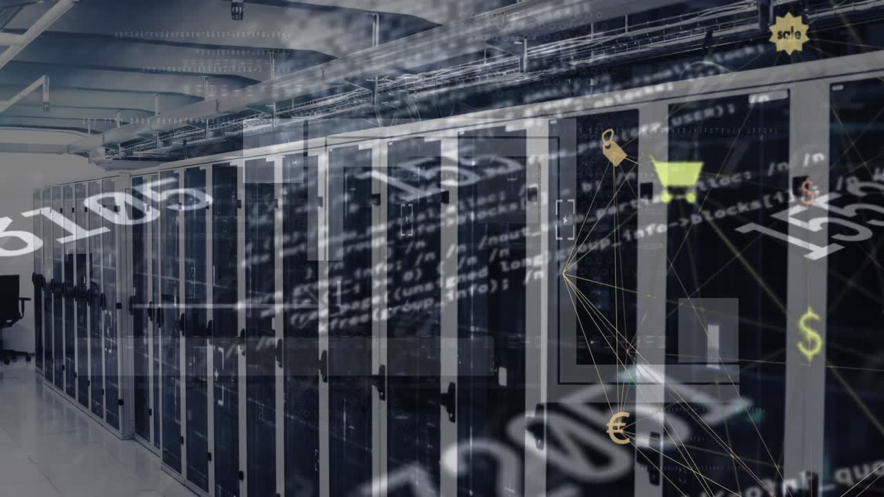 Animation of data processing and media icons over server room