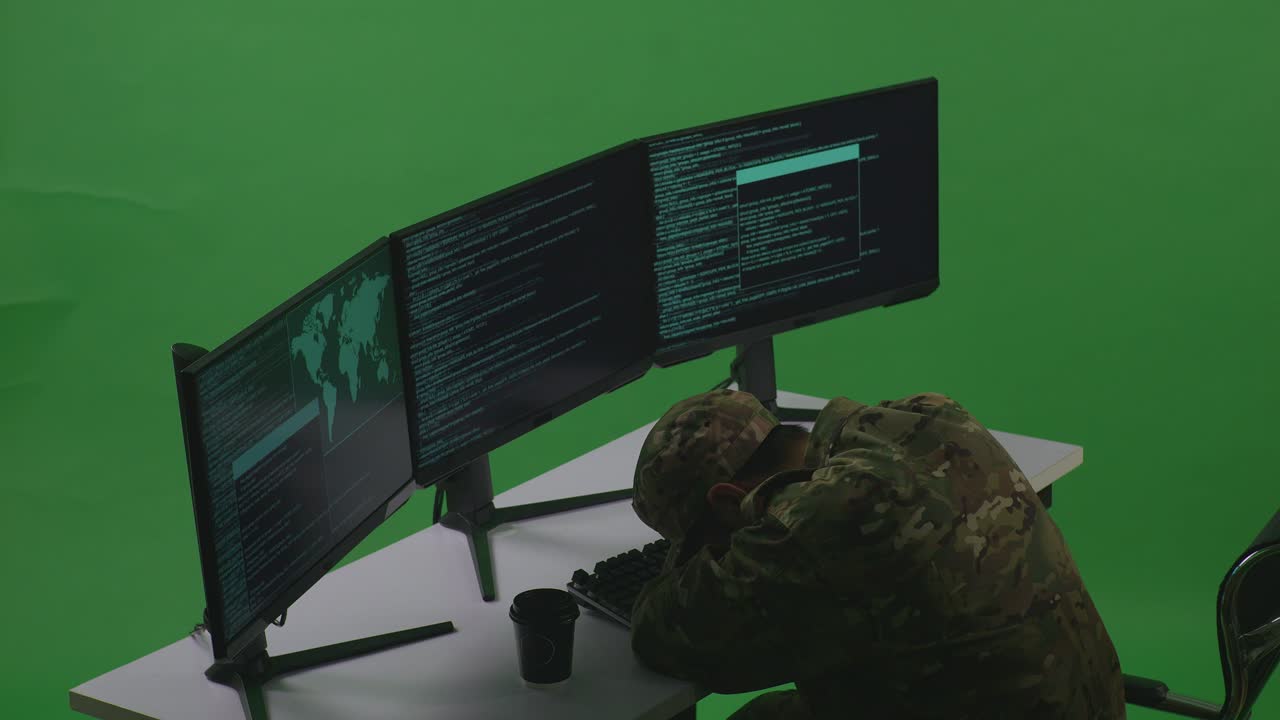 Side View Of Tired Asian Man Soldier Developer Sleeping While Write Code With Multiple Computer Screens In Green Screen Studio