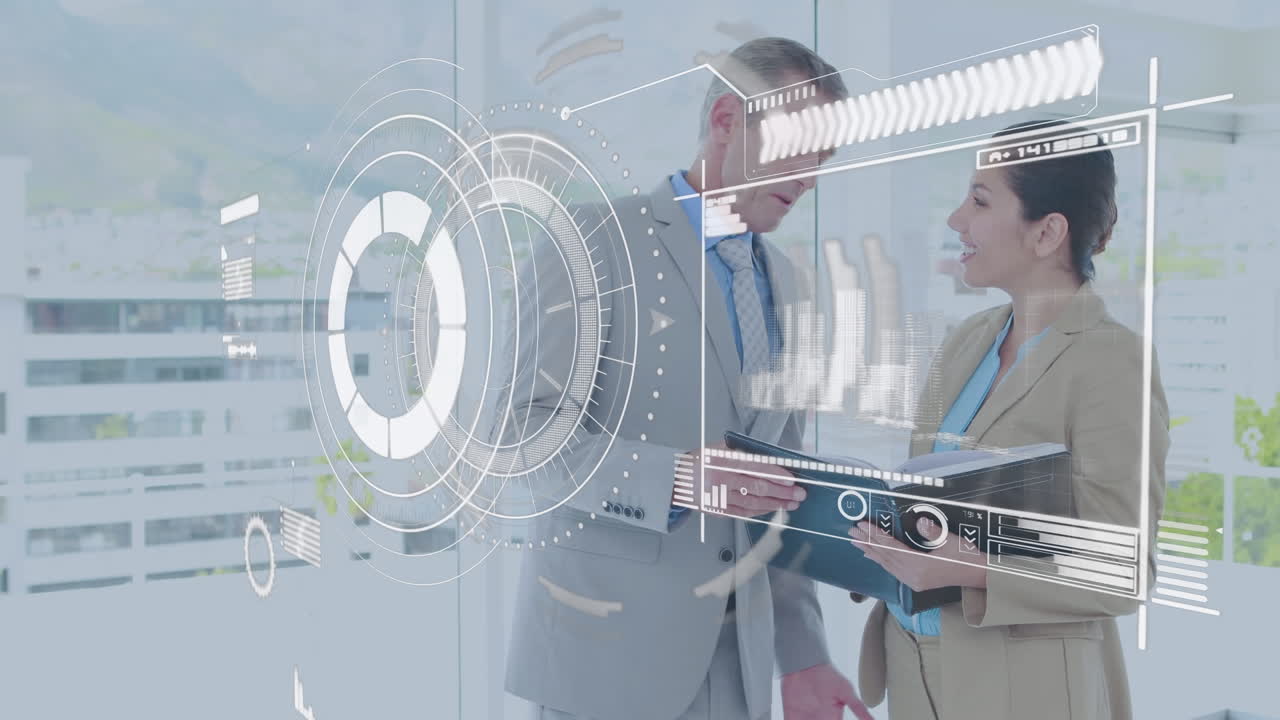 카우카스계 사업가들이 손을 흔들고 있는 금융 데이터 처리 애니메이션