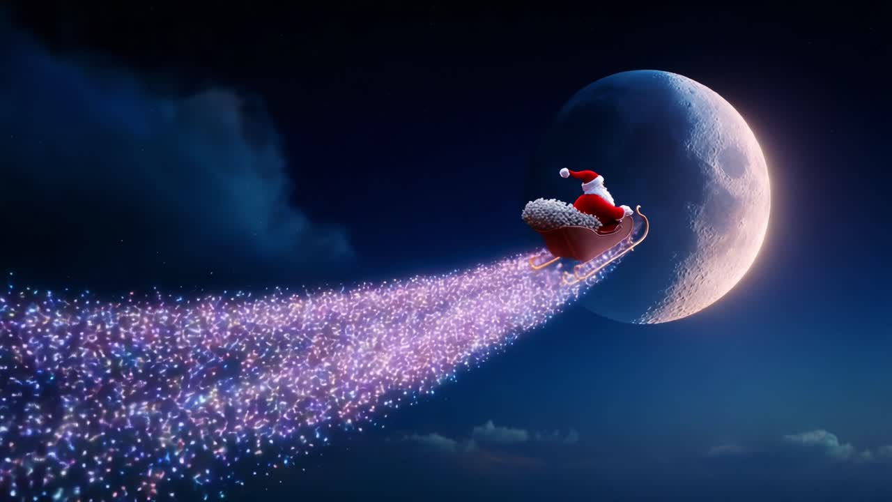 A whimsical scene of a joyful character in a sleigh, adorned in festive attire, gliding through a starry night sky, leaving a magical trail of sparkling light against the backdrop of a luminous crescent moon