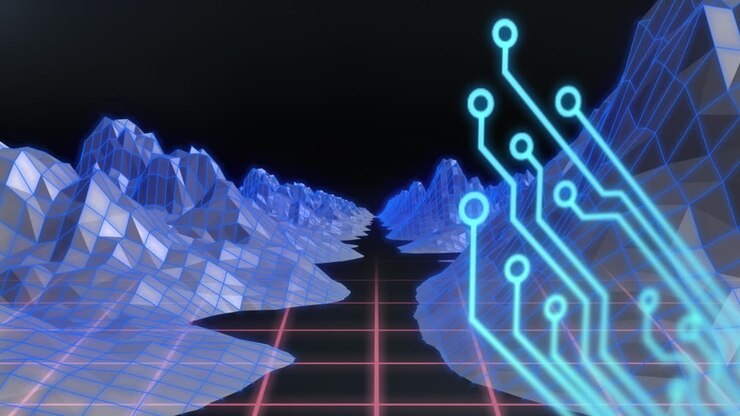 Animation af computerprintplade over digitale bjerge på sort baggrund
