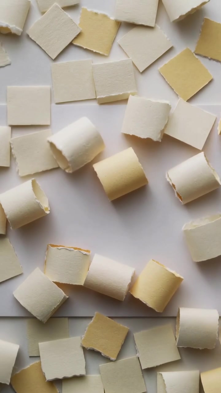 Vertical video: Paper curls, torn squares rolling inward after shift on white sheet, forming design