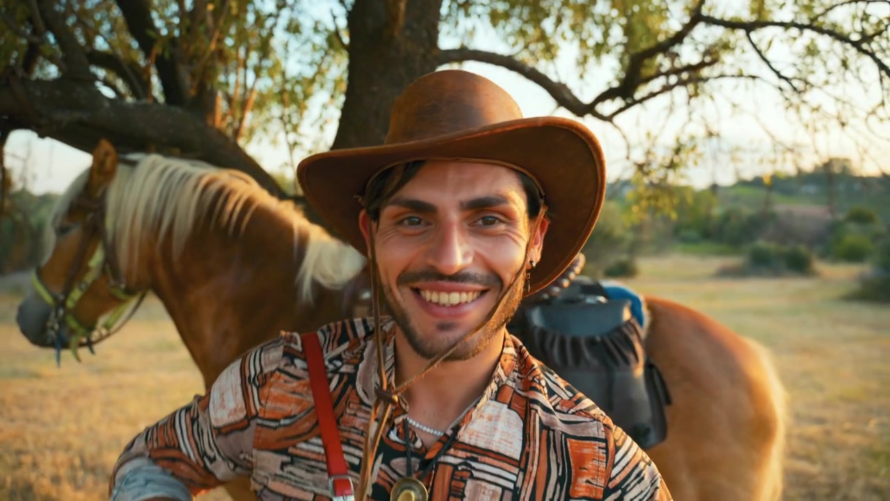 Young Cowboy Playing Accordion Outdoors with Horse at Sunset