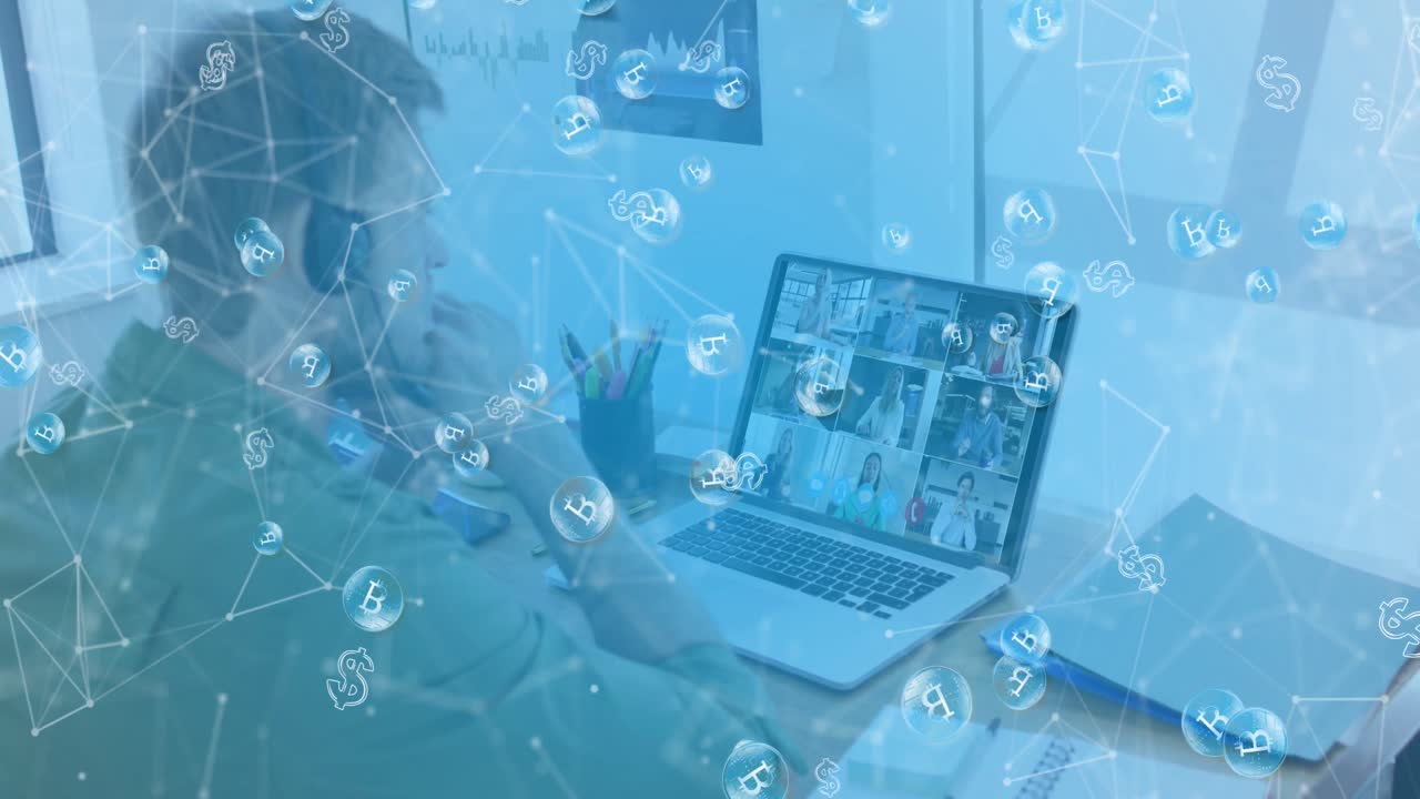 전화 헤드 ⁇ 과 노트북을 사용하는 백인 남성 위의 비트코인 아이콘의 애니메이션