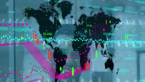 animation of financial data processing with statistics over world map and biracial businessman
