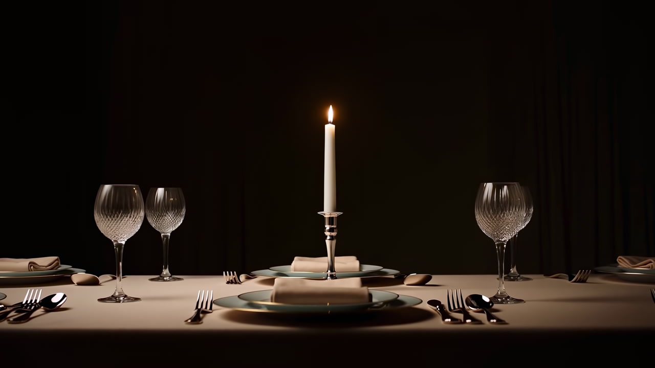 Candlelit Table With Plates And Glassware, Tall Taper Candle Glowing Over Folded Napkin And Neatly Placed