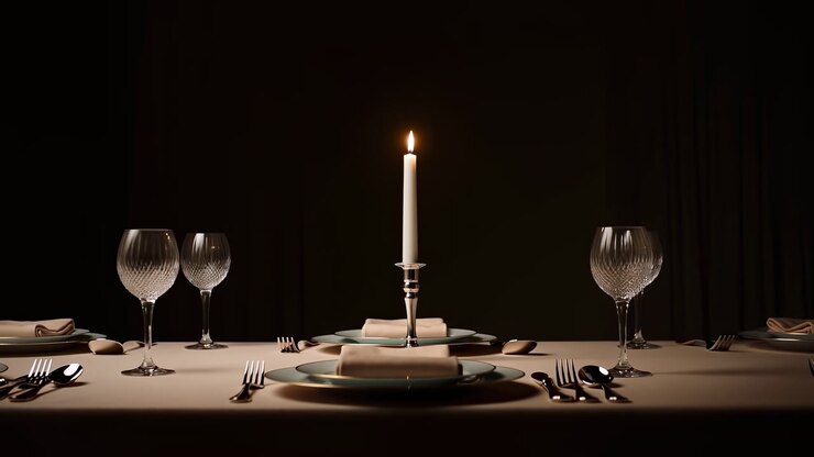 Candlelit Table With Plates And Glassware, Tall Taper Candle Glowing Over Folded Napkin And Neatly Placed