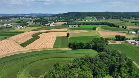 Una-Vista-Aérea-De-Las-Exuberantes-Tierras-De-Cultivo-Verdes-En-El-Sur-Del-Condado-De-Lancaster,-Pennsylvania-En-Un-Día-Soleado-De-Verano