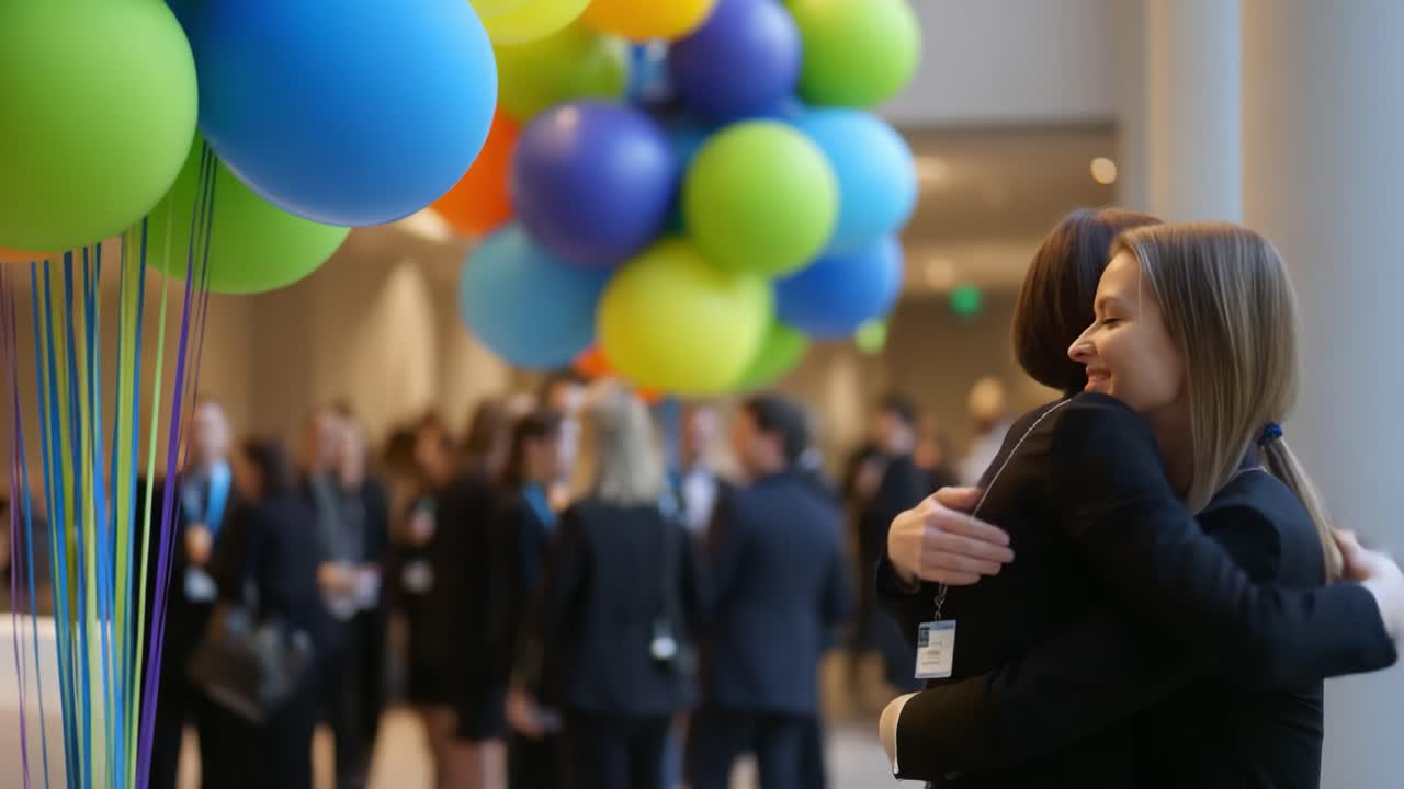 Celebrating Connections: A Moment of Friendship Captured as Two Colleagues Embrace in a Vibrant Atmosphere Filled with Colorful Balloons at a Professional Gathering