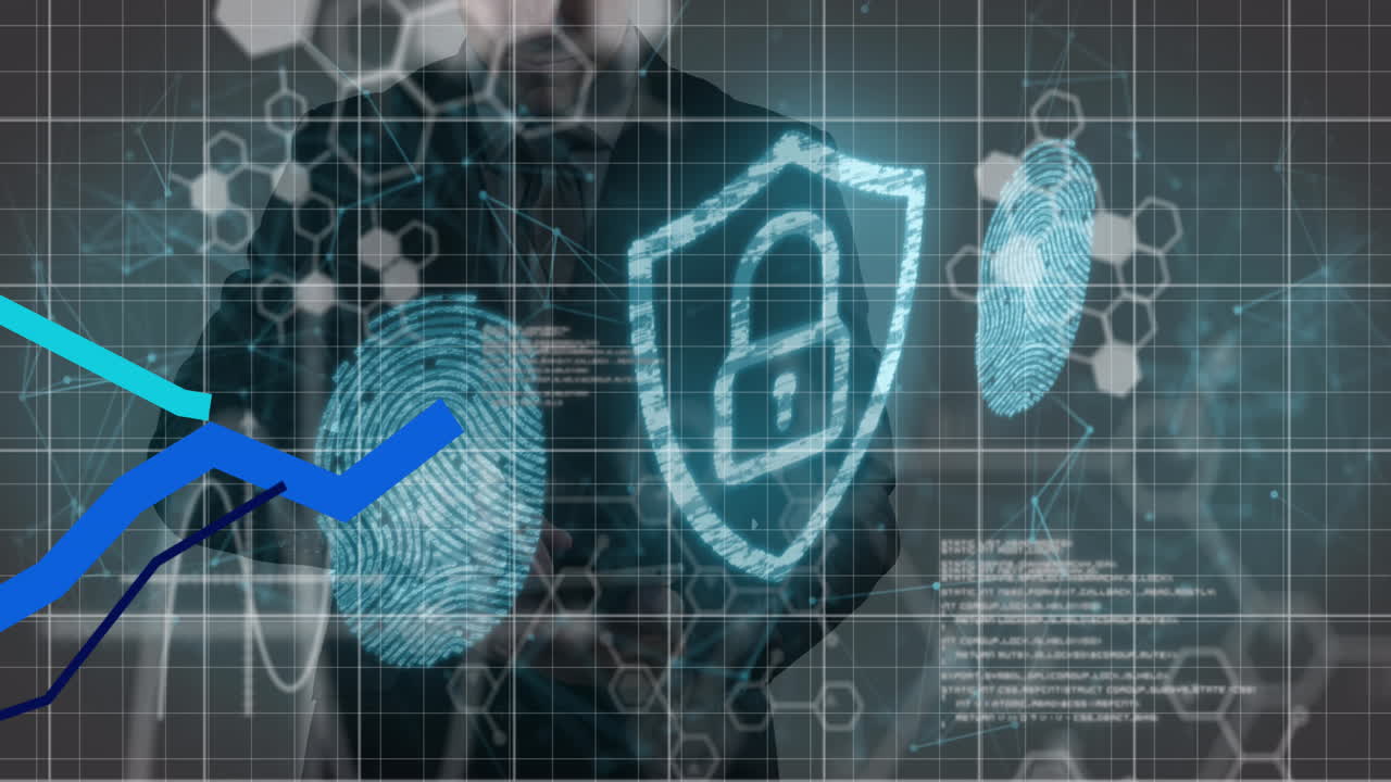 animación de seguridad biométrica con líneas azules y datos sobre empresario caucásico