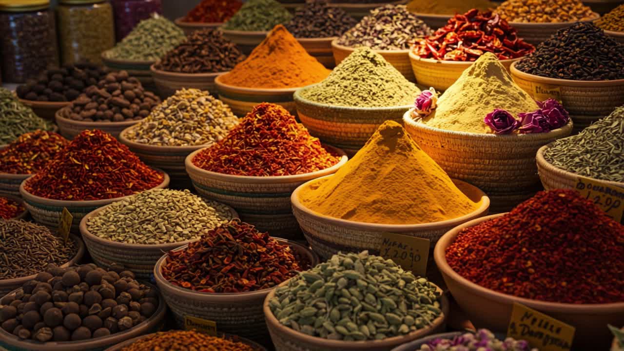 Vibrant Display of Colors and Textures in Spice Marketplace Showcasing a Rich Variety of Dried Herbs and Seasonings in a Bustling Market Environment