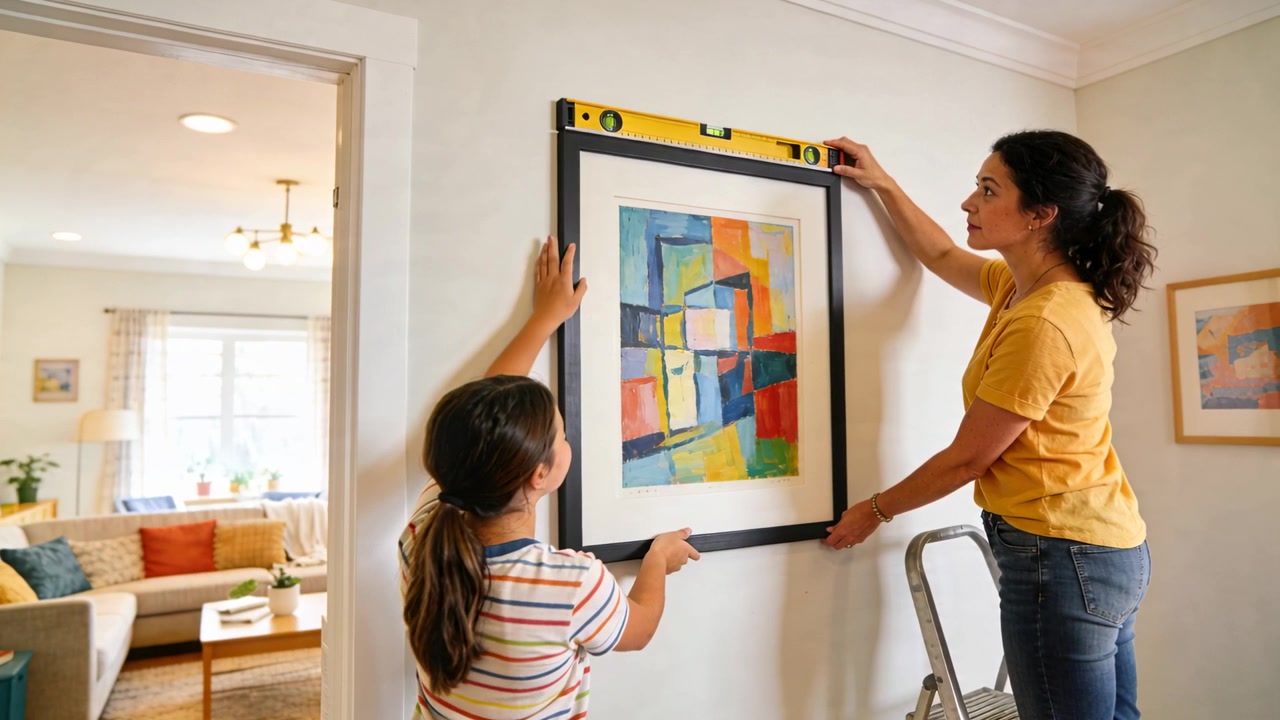 Posizionando una livella a bolla, madre e figlia allineano un quadro sulla parete del corridoio da appendere usando una scala.