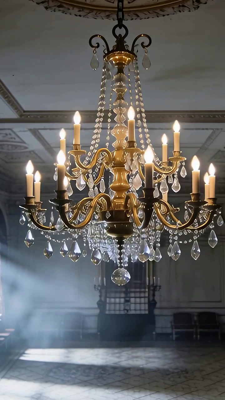 Video verticale: Lampadario scintillante che cattura i raggi nella sala, con una luce che si espande da sinistra