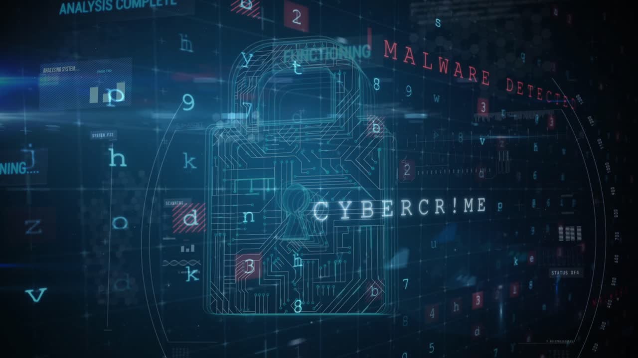 animación de la interfaz digital con candado de seguridad sobre un fondo oscuro