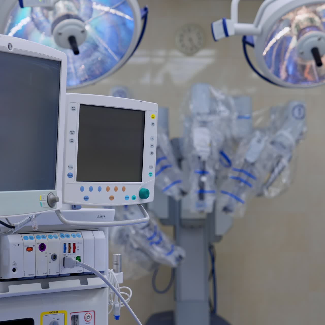 Modern technological artificial lung ventilation machine standing close to an operational table. Approaching black switched off screens of important surgical equipment. Da Vinci robot at backdrop