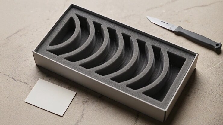 Pulling back camera revealing silver box black foam, seven curved slots on stone showing knife
