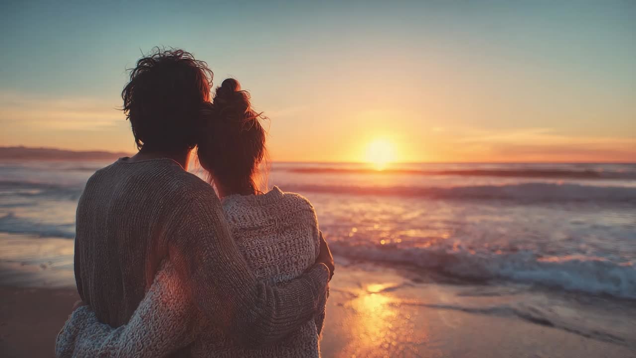 Couple watching sunset together on tranquil beach