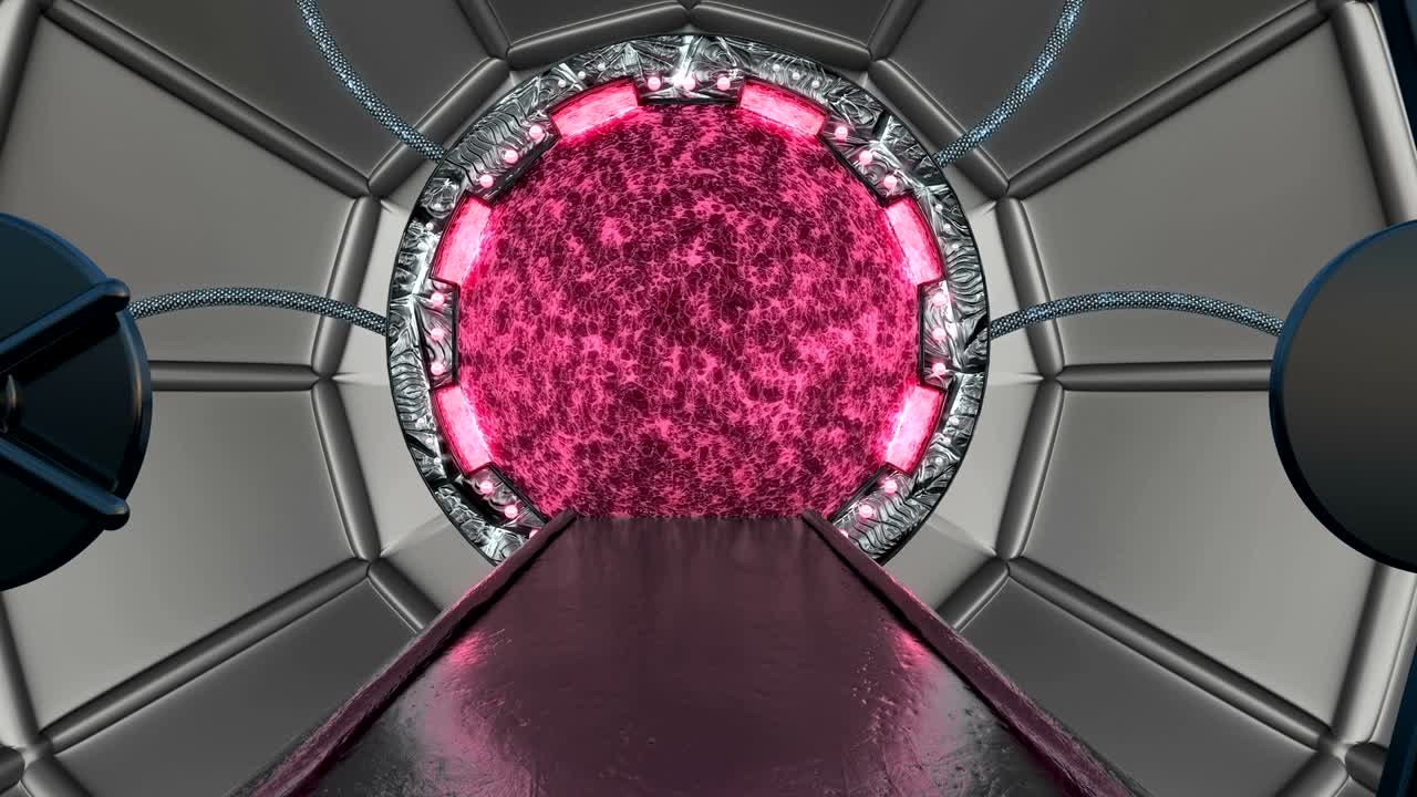 vista panorámica de la escena del paisaje de la estación. fondo abstracto 3d de corredor de ciencia ficción con portal. tecnología futurista abstracto vj sin costuras para títulos tecnológicos y fondo.